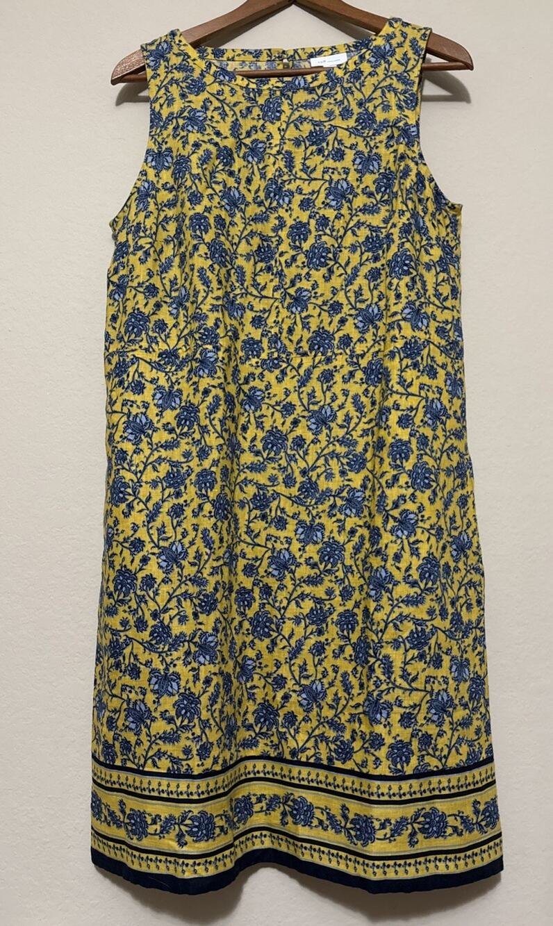 J Jill Love Linen 100% Linen Floral Boho Yellow Pullover Dress Size S